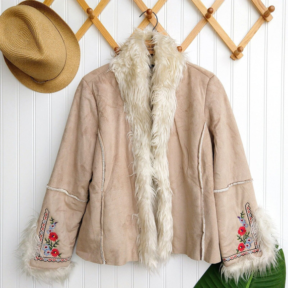 VTG Penny Lane Jacket Size L Y2K 90s Does 70s Faux Fur Embroidered Daisy Jones - Picture 1 of 12